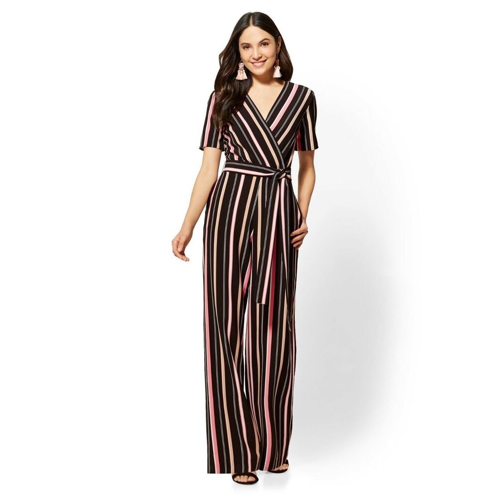New York & Company Striped Black Pink Jumpsuit with Pockets Size Large